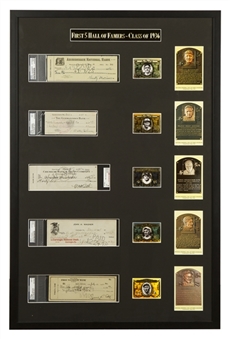 1936 Baseball Hall of Fame Inaugural Class Signed Bank Checks Framed Gallery (5 Items) – Including Cobb, Johnson, Mathewson, Ruth and Wagner